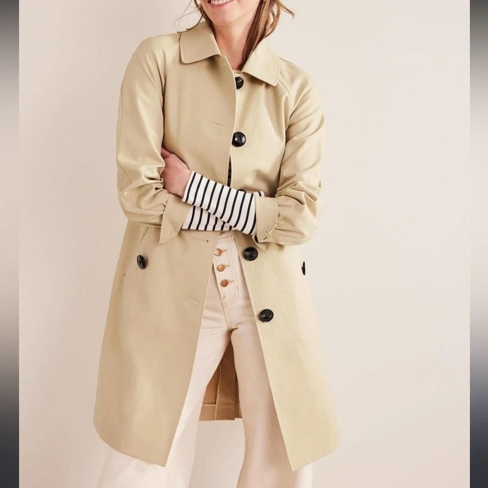 Boden Belted Trench Coat Size 14 Beige Cotton Single Breasted Classic U0129